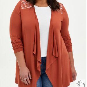 NWT Torrid Super Soft Brown Drape Front Cardigan Lace Detail Sweater Size 2x